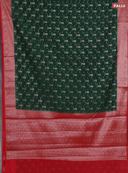 Semi chiniya silk saree bottle green and red with allover thread & zari woven buttas and woven border