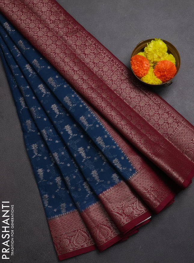 Semi chiniya silk saree peacock blue and wine shade with allover thread & zari woven buttas and woven border
