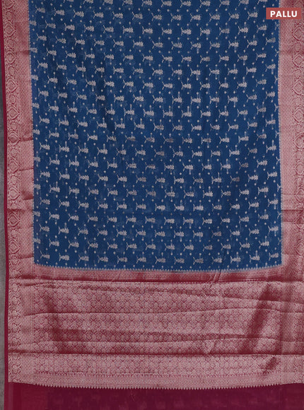 Semi chiniya silk saree peacock blue and wine shade with allover thread & zari woven buttas and woven border