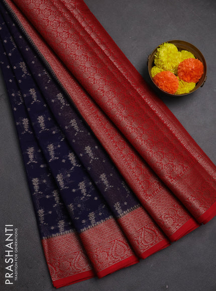 Semi chiniya silk saree navy blue and red with allover thread & zari woven buttas and woven border