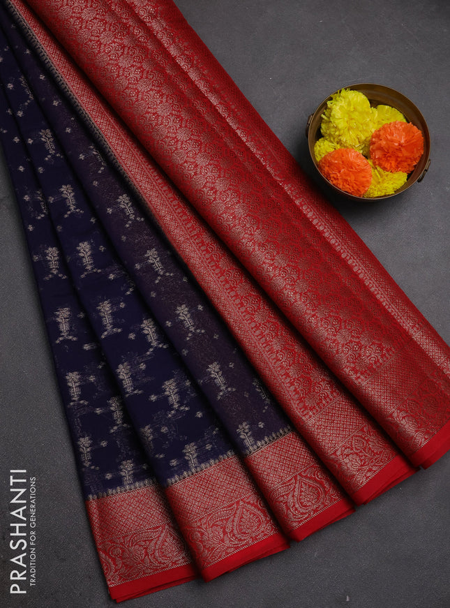 Semi chiniya silk saree navy blue and red with allover thread & zari woven buttas and woven border
