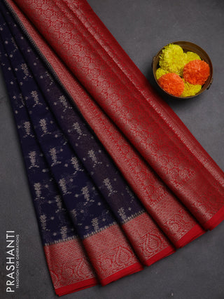 Semi chiniya silk saree navy blue and red with allover thread & zari woven buttas and woven border