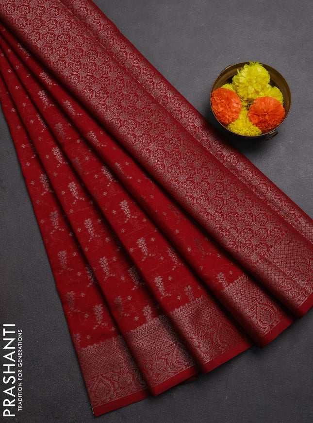 Semi chiniya silk saree kumkum red with allover thread & zari woven buttas and woven border