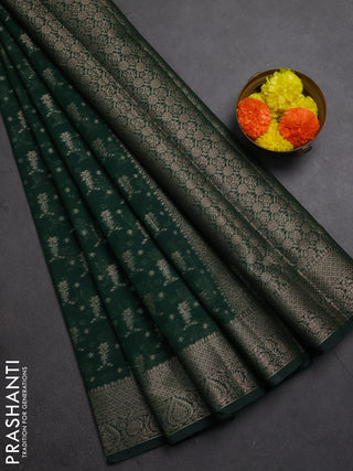 Semi chiniya silk saree dark green with allover thread & zari woven buttas and woven border