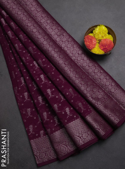 Semi chiniya silk saree wine shade with allover thread & zari woven buttas and woven border