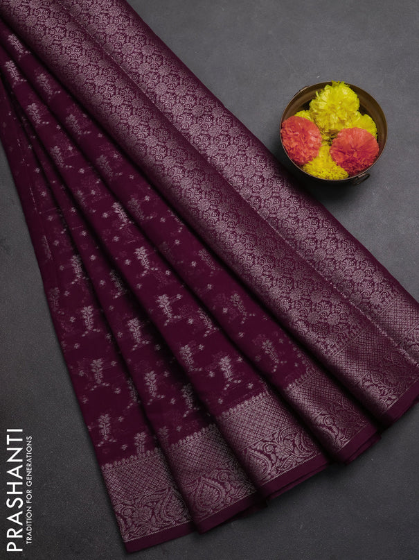 Semi chiniya silk saree wine shade with allover thread & zari woven buttas and woven border
