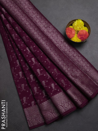Semi chiniya silk saree wine shade with allover thread & zari woven buttas and woven border