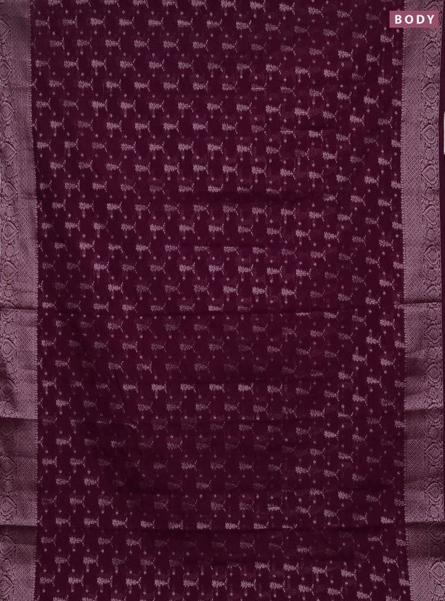 Semi chiniya silk saree wine shade with allover thread & zari woven buttas and woven border