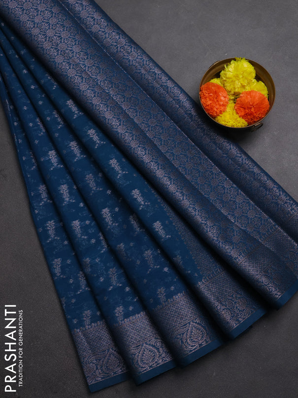 Semi chiniya silk saree peacock blue with allover thread & zari woven buttas and woven border