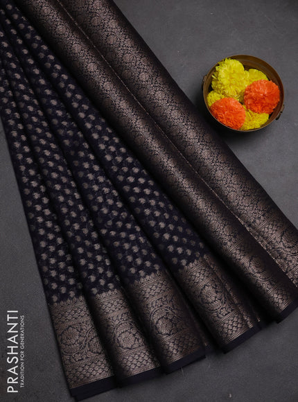 Semi chiniya silk saree deep navy blue with allover thread & zari woven paisley buttas and woven border