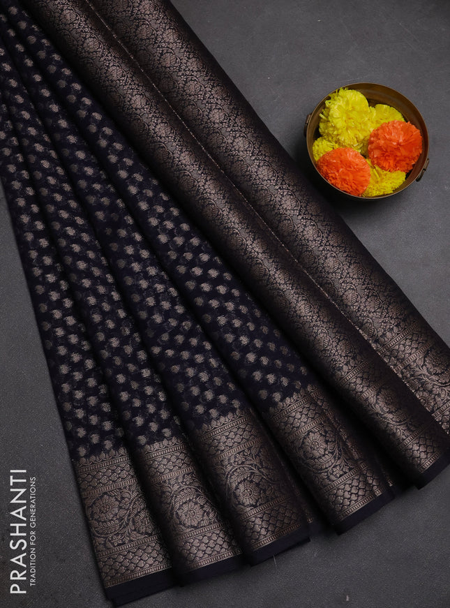 Semi chiniya silk saree deep navy blue with allover thread & zari woven paisley buttas and woven border