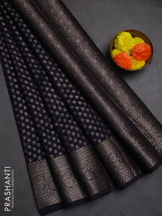 Semi chiniya silk saree deep navy blue with allover thread & zari woven paisley buttas and woven border