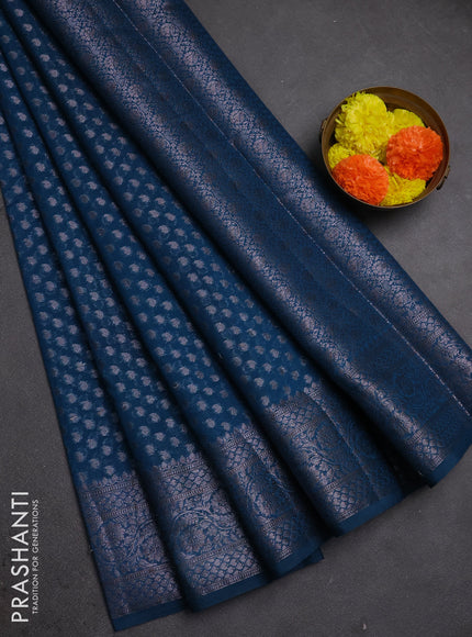 Semi chiniya silk saree peacock blue with allover thread & zari woven paisley buttas and woven border