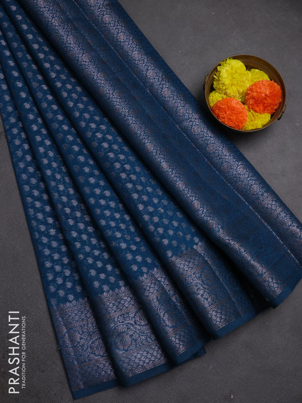 Semi chiniya silk saree peacock blue with allover thread & zari woven paisley buttas and woven border
