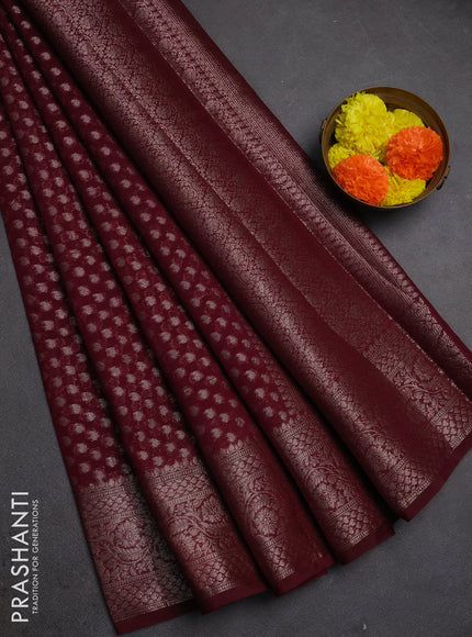 Semi chiniya silk saree wine shade with allover thread & zari woven paisley buttas and woven border