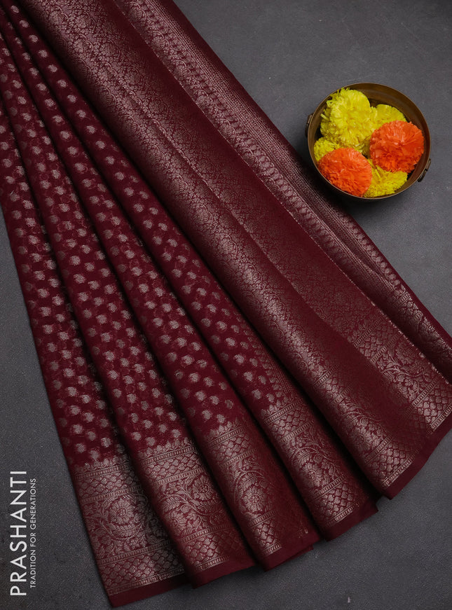 Semi chiniya silk saree wine shade with allover thread & zari woven paisley buttas and woven border