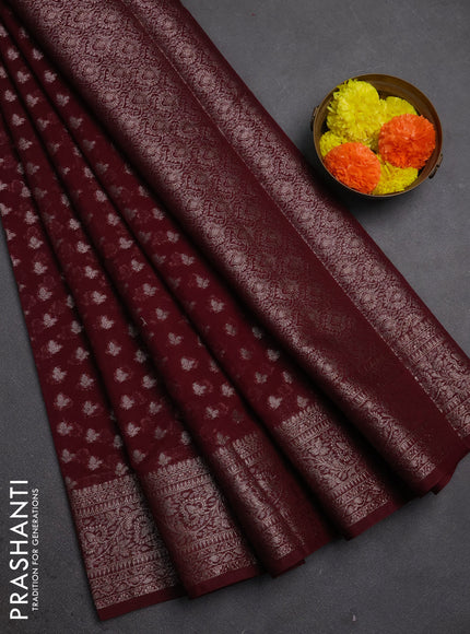 Semi chiniya silk saree deep maroon with allover thread & zari woven buttas and woven border