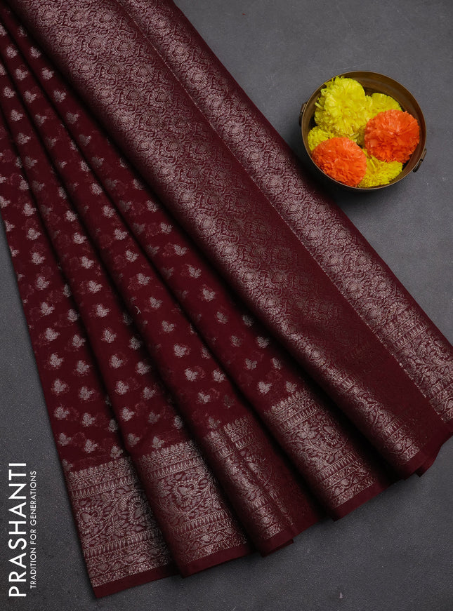 Semi chiniya silk saree deep maroon with allover thread & zari woven buttas and woven border