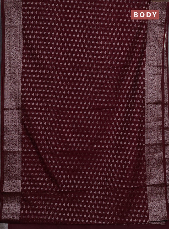 Semi chiniya silk saree deep maroon with allover thread & zari woven buttas and woven border