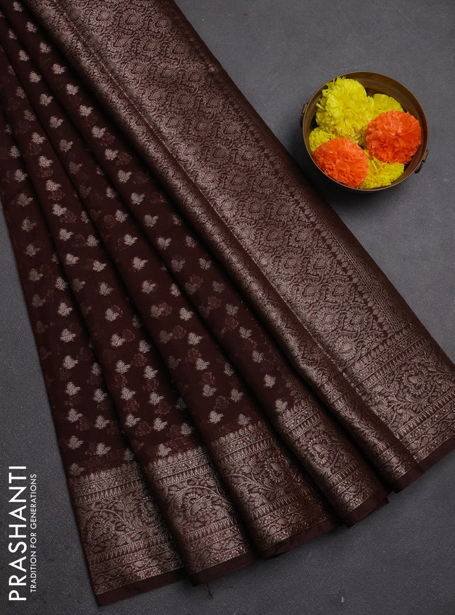 Semi chiniya silk saree coffee brown with allover thread & zari woven buttas and woven border