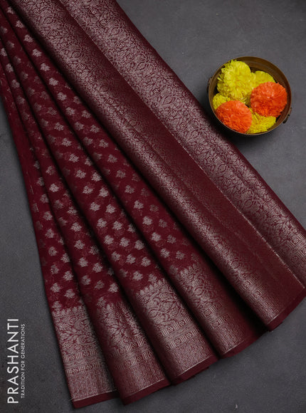 Semi chiniya silk saree deep maroon with allover thread & zari woven buttas and woven border