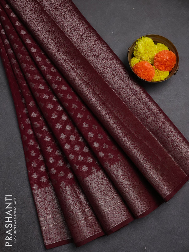 Semi chiniya silk saree deep maroon with allover thread & zari woven buttas and woven border