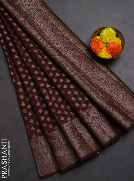Semi chiniya silk saree coffee brown with allover thread & zari woven buttas and woven border
