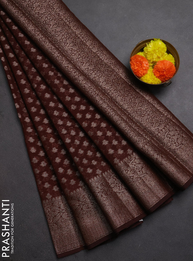 Semi chiniya silk saree coffee brown with allover thread & zari woven buttas and woven border