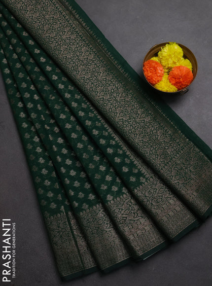 Semi chiniya silk saree dark green with allover thread & zari woven buttas and woven border