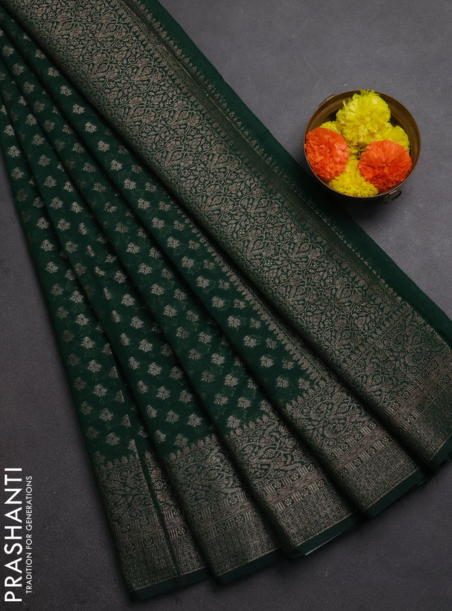 Semi chiniya silk saree dark green with allover thread & zari woven buttas and woven border