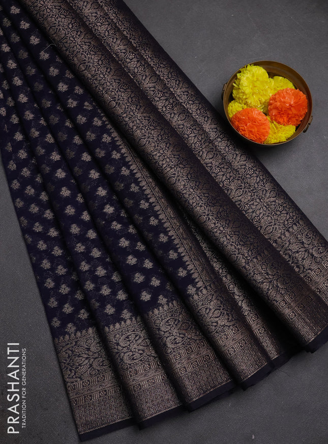 Semi chiniya silk saree navy blue with allover thread & zari woven buttas and woven border