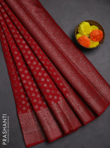 Semi chiniya silk saree kumkum red with allover thread & zari woven buttas and woven border
