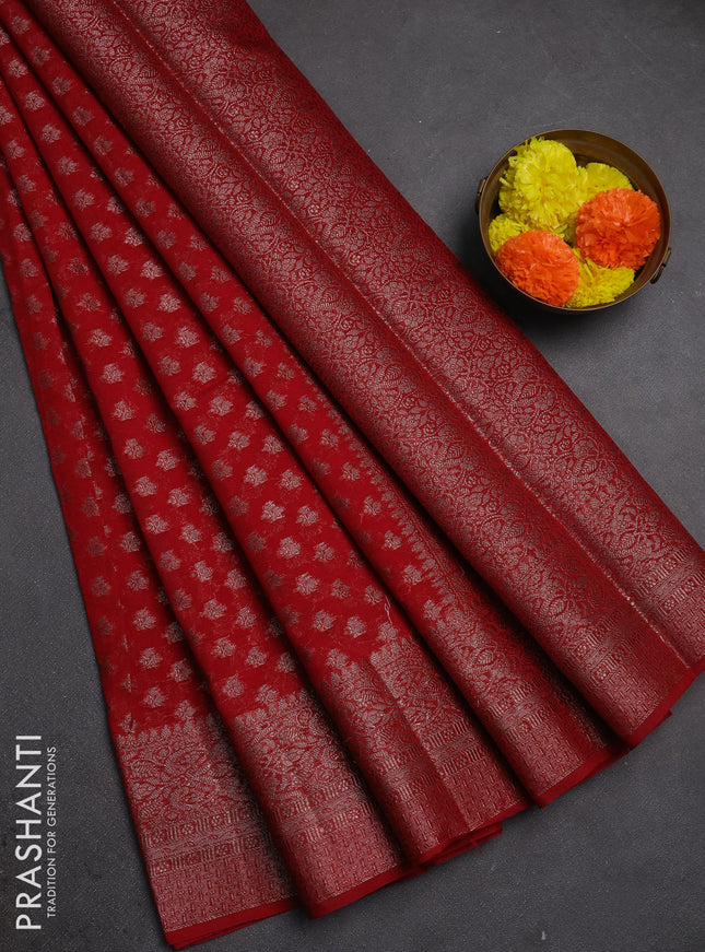 Semi chiniya silk saree kumkum red with allover thread & zari woven buttas and woven border