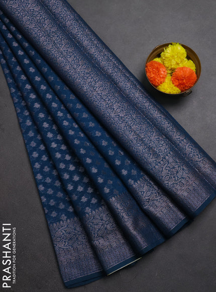 Semi chiniya silk saree peacock blue with allover thread & zari woven buttas and woven border
