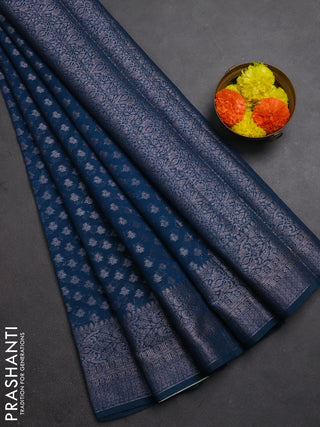 Semi chiniya silk saree peacock blue with allover thread & zari woven buttas and woven border