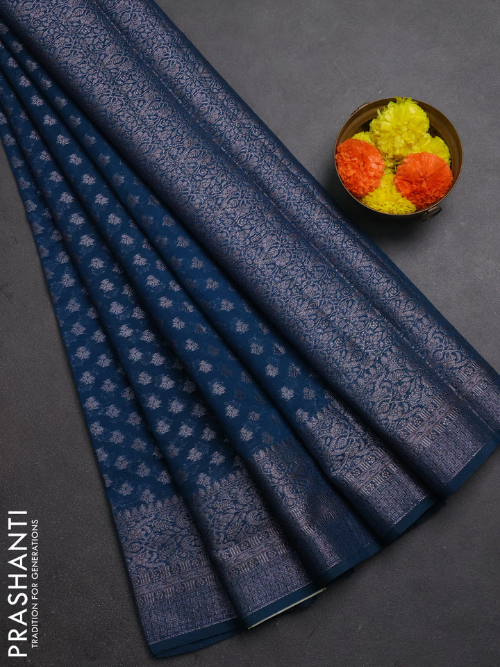 Semi chiniya silk saree peacock blue with allover thread & zari woven buttas and woven border