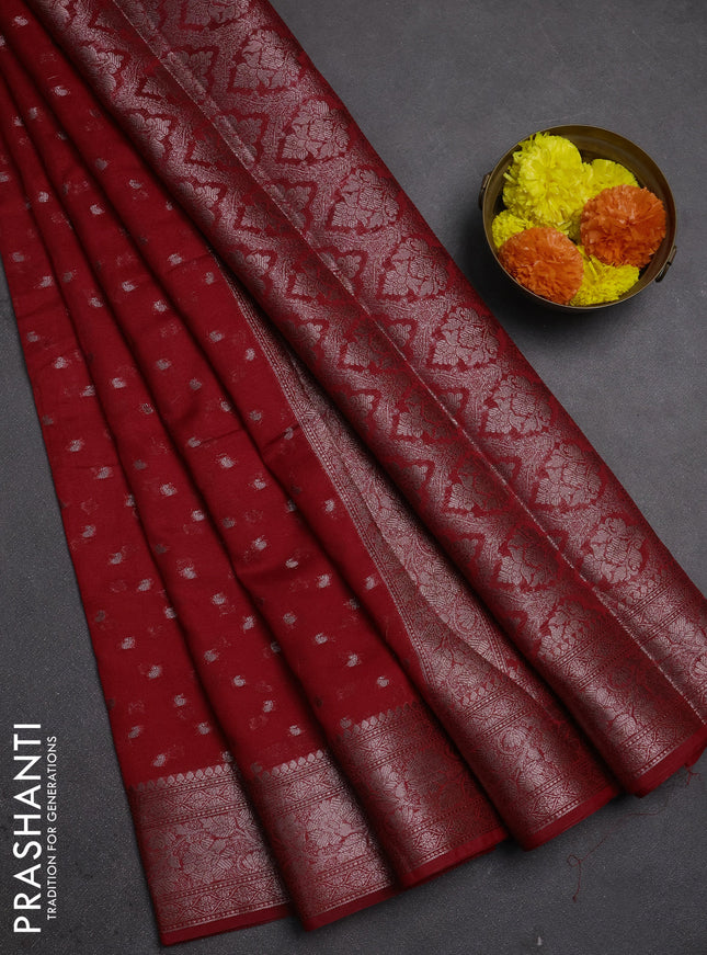Semi chiniya silk saree red with allover thread & zari woven buttas and woven border
