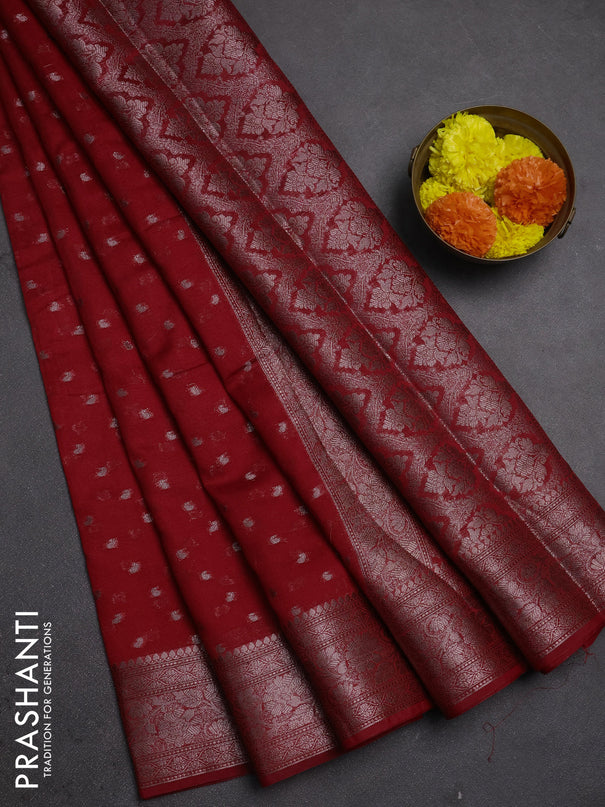 Semi chiniya silk saree red with allover thread & zari woven buttas and woven border