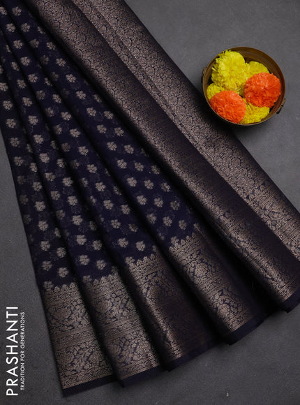 Semi chiniya silk saree navy blue with allover thread & zari woven buttas and woven border