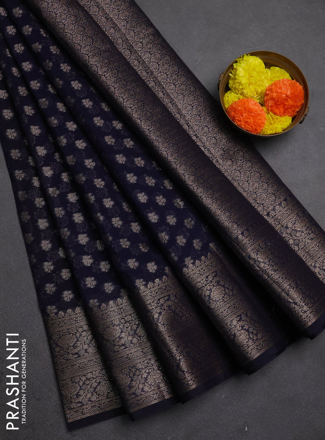Semi chiniya silk saree navy blue with allover thread & zari woven buttas and woven border
