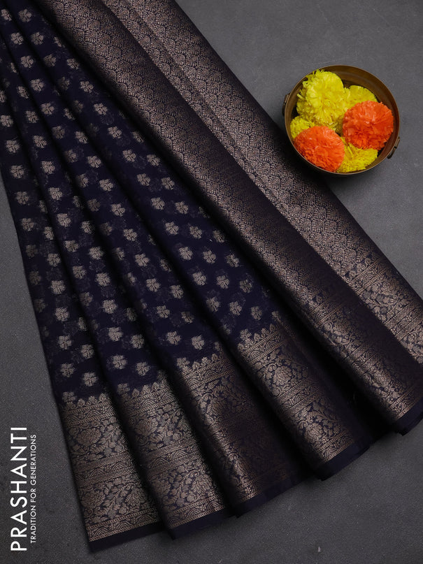 Semi chiniya silk saree navy blue with allover thread & zari woven buttas and woven border