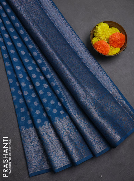 Semi chiniya silk saree cs blue with allover thread & zari woven buttas and woven border