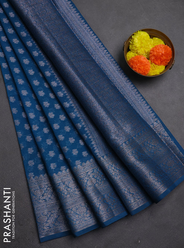 Semi chiniya silk saree cs blue with allover thread & zari woven buttas and woven border