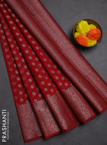 Semi chiniya silk saree kumkum red with allover thread & zari woven buttas and woven border