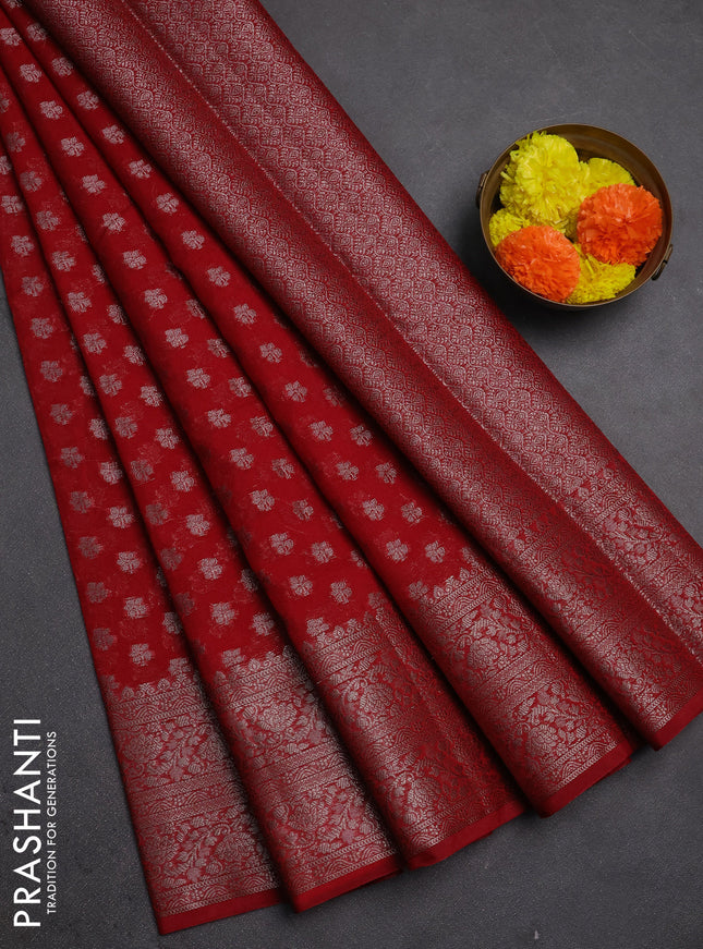 Semi chiniya silk saree kumkum red with allover thread & zari woven buttas and woven border