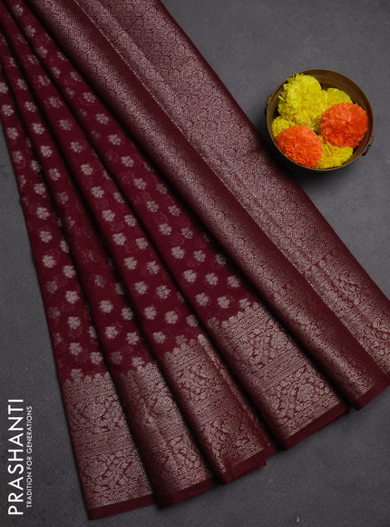 Semi chiniya silk saree wine shade with allover thread & zari woven buttas and woven border