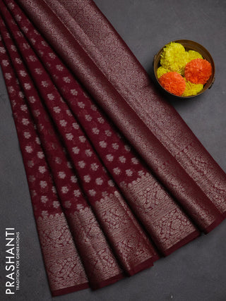 Semi chiniya silk saree wine shade with allover thread & zari woven buttas and woven border