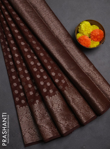 Semi chiniya silk saree coffee brown with allover thread & zari woven buttas and woven border