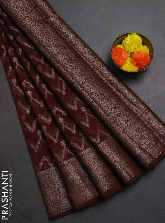 Semi chiniya silk saree coffee brown with allover thread & zari weaves and woven border