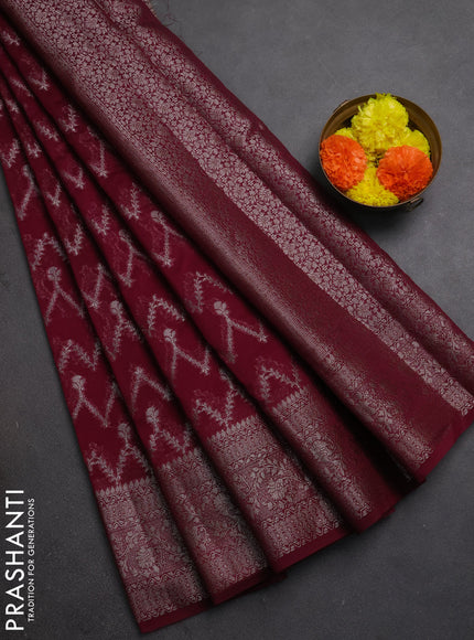 Semi chiniya silk saree wine shade with allover thread & zari weaves and woven border